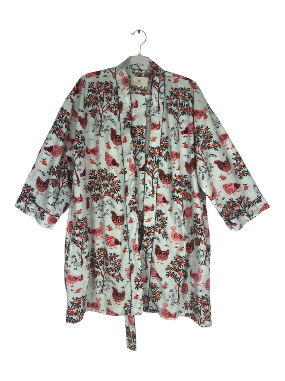 PRINTFRESH Sz S/M Robe Hen House Print Tie Belt Pockets Green Pink